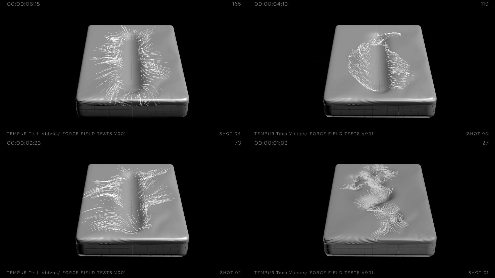 Force-field style motion studies exploring pressure response across the mattress surface.