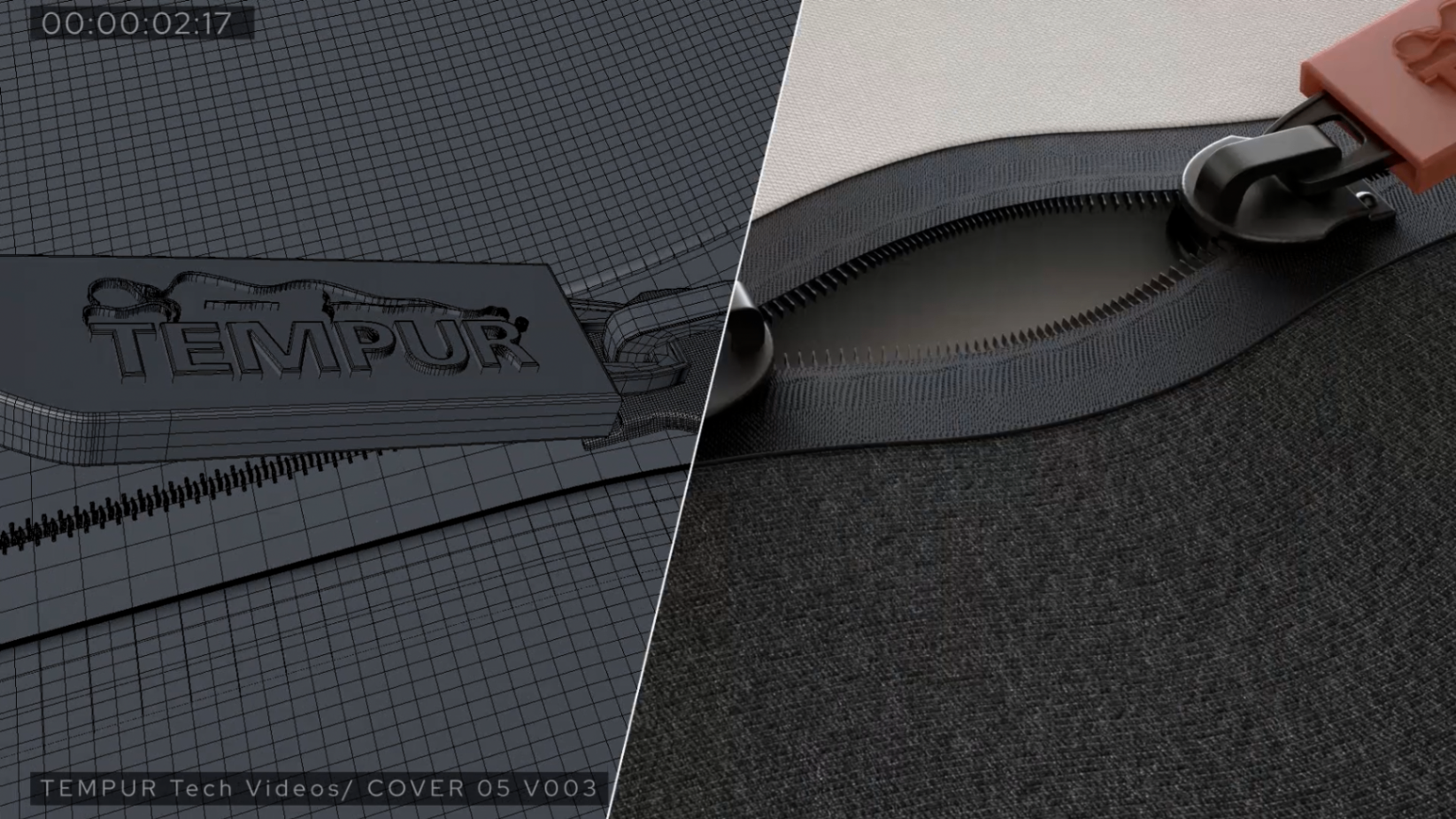 Process frame pairing modelling and final render detail on a Tempur cover shot.
