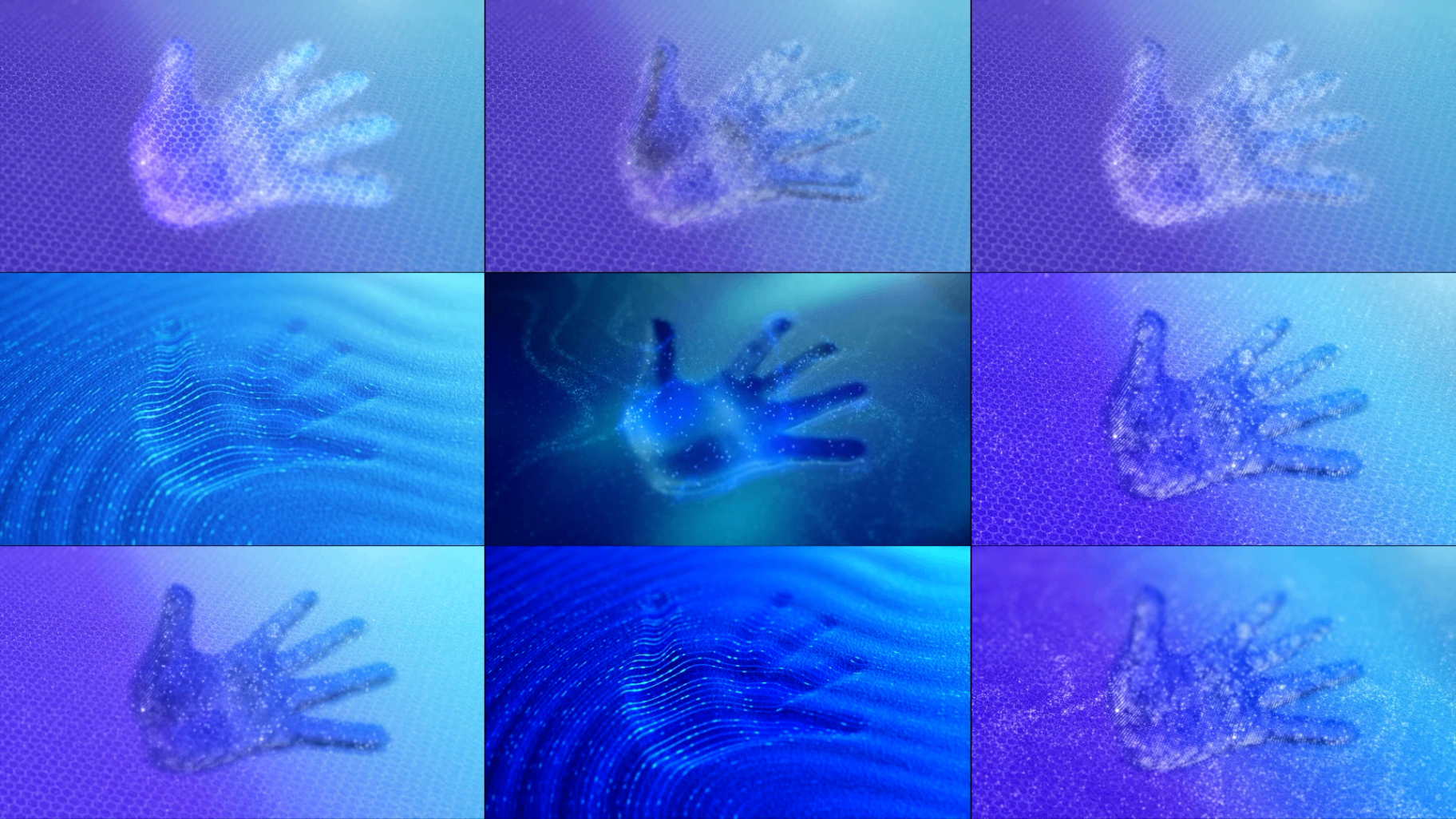 Blue and violet pressure-study frames with abstract hand impressions